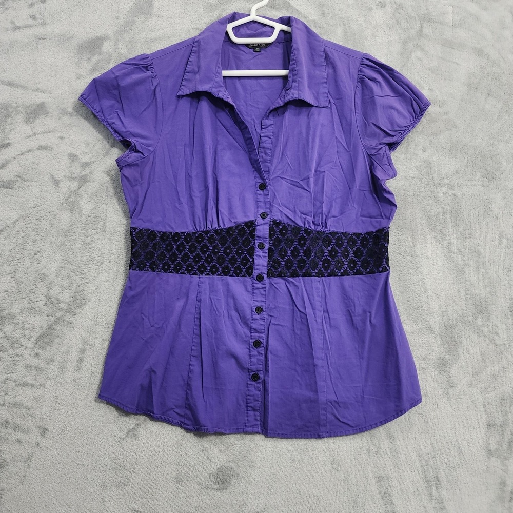 Vintage Maurices Shirt Womens XL‎ Purple Black Lace Button Front Puff Sleeve Y2K